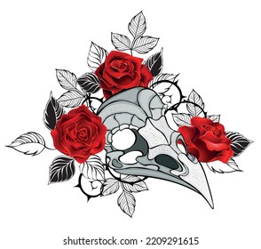 Gray, gothic, textured, bird's skull, decorated with bright, red, blooming roses with black leaves and stems on a white background. Gothic style.