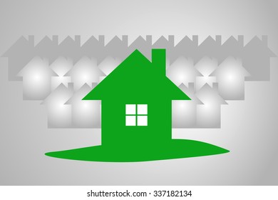 Gray gradient houses on a gray gradient background. Green house with a window and a chimney is in the foreground.