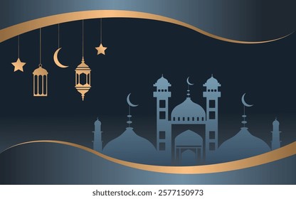 Gray gradient template for islamic ramadan celebration with silhouette of mosque. Ramadan Design vector illustration banner, flyer.
