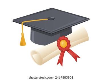 Gray Graduation cap and diploma scroll on a white background. Traditional graduation ceremony symbols: certificate with ribbon and academic hat. Vector illustration.