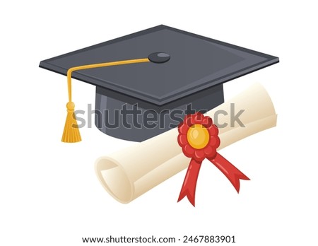 Gray Graduation cap and diploma scroll on a white background. Traditional graduation ceremony symbols: certificate with ribbon and academic hat. Vector illustration.