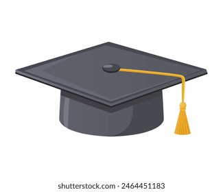 Gray graduation cap with yellow tassel. A traditional cap worn during the graduation ceremony.