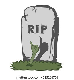 A gray gravestone with grass and RIP text and scary fingers from the grave (showing "number one" sign)