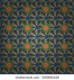 Gray, green and blue background with flowers pattern. Vector floral seamless pattern.