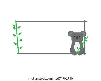 Gray Green Frame with Koala Bear and Leaves Cartoon Illustration on White Background