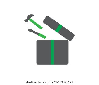 Gray Green gift box, hammer and screwdriver