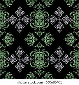 Gray and green glitter snowflakes on a black background. Christmas motley snowflakes seamless pattern. Winter snow design wallpaper. Vector illustration. Symbol holiday, New Year 2018 celebration.