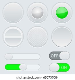 Gray and green interface elements - button, slider, toggle switch. Vector 3d illustration.