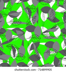 gray and green leaves, leaves painted with a thin line, a sketch on a bright green background. Freehand drawing vector  with doodles. modern seamless pattern.