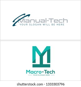 Gray green line art initial M swash ribbon combination mark logo design concept suitable for technology production company