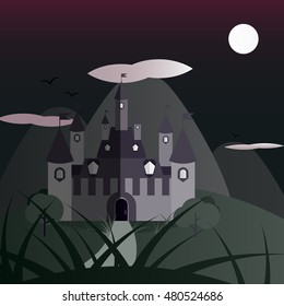 Gray and green night castle landscape. Nice and simple illustration