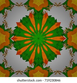 Gray, green and orange colors. Vector ethnic mandalas, doodle background circles.