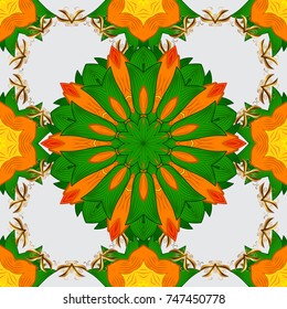 Gray, green and orange colors. Vector ethnic mandalas, doodle background circles.