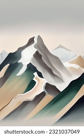 Gray and green vector watercolor mountain art painting