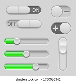 Graue und grüne Webtasten. Drucktasten, Umschalter und Schieberegler. Vector 3d Abbildung