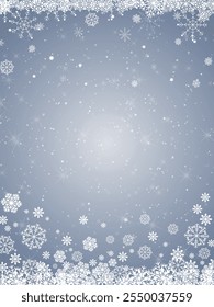 Gray grunge Christmas background, Christmas wishes background, Winter Snowfall Christmas background, Flying snow flakes and stars on winter Gray background. snowflake template. Vector illustration.