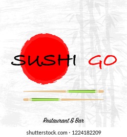 Gray grunge sushi background with chopsticks and text