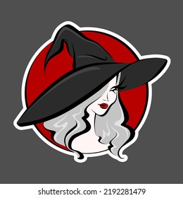 Gray haired attractive witch in a black hat on the red background. Holiday halloween illustration as sticker, print or pattern for design clothes or accessories, websites or applications.
