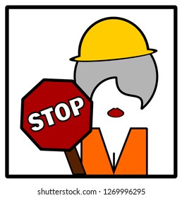 gray haired elderly female road construction worker with stop sign