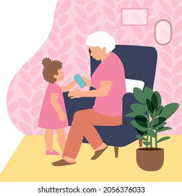 A gray haired elderly woman sits in an armchair communicating with her granddaughter, holding a phone in her hands. Grandma is sitting in a chair. Family time together. Vector illustration. EPS10