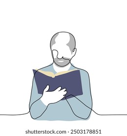 gray haired man with bald head reading a book - one line art vector. concept elderly grandfather reading. Handmade vector not AI