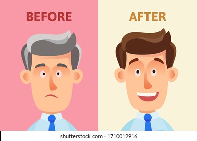 Gray haired man sad and unhappy before dyeing hair and very happy after dyeing. Removing and painting gray hair. Beauty salon for adult men. Vector illustration, flat cartoon style, isolated.