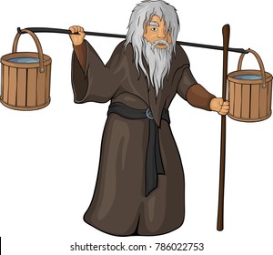 Gray haired old man with beam on white background