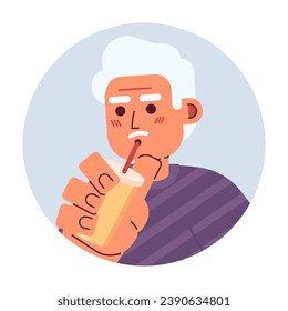 Gray haired old man drinking through straw 2D vector avatar illustration. Holds coffee takeaway asian senior cartoon character face. Japanese man chill flat color user profile image isolated on white