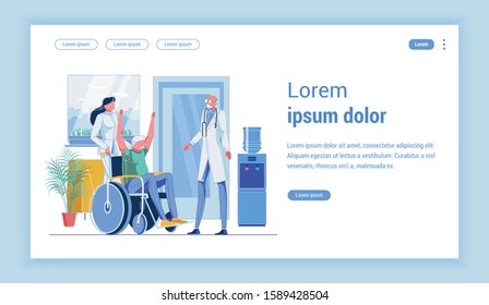 Gray Haired Senior Patient in Wheelchair Is Happy to Get Very Good News from Attending Physician in Local Clinic. Nurse, Accompanying Person in Her Care. Landing Page with Copy Space for Extra Text.