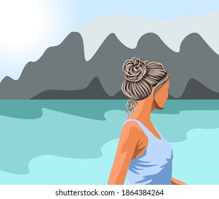 Gray haired woman in blue tank top looking at the lake and the mountains. Vector