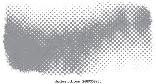 Un patrón semitono gris con un borde angustiado, pintado con aerosol sobre un fondo blanco.