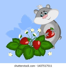 A gray hamster with a berry in the paws stands in strawberry bushes. Illustration on a blue background. Summer, animals, dessert, sky