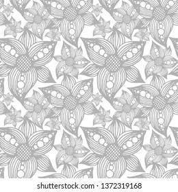 Gray hand drawn flowers seamless pattern on white background for fabric, cloth, textile, print, material, wallpaper, backsplash or wrapping paper. Floral backdrop vector illustration