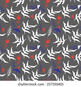 Gray hand drawn seamless pattern with leaves, flowers and flying birds. Vector illustration.