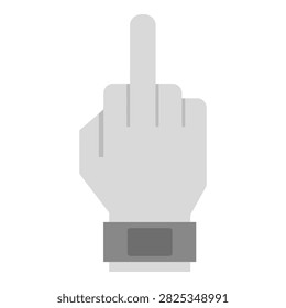 Gray hand giving middle finger gesture wearing smartwatch on wrist isolated on white, symbolizing rude or defiant mood in modern technology context
