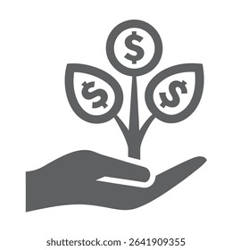 Gray Hand Holding Money Tree Icon Dollar Sign Leaves Growth Investment Finance