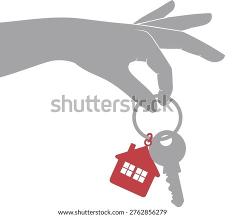 Gray hand holding a silver key and a red house keychain on a white background