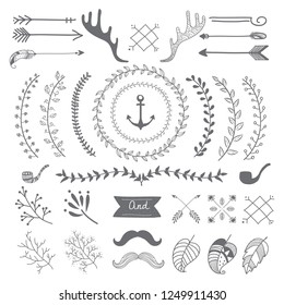 Gray hand sketched badges and banners ornaments vector set
