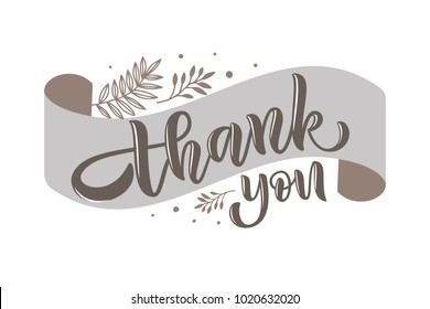 Gray hand sketched "Thank you" lettering typography on ribbon with branches and drops on white background for advert, decoration, movie, Online, website, emailing template. Modern calligraphy