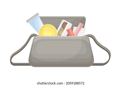 Gray handbag full of typical woman things and accessories as eyeshadow, pills, lipstick, haircomb vector illustration