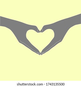 the gray hands is act like heart on the yellow background. valentine, encouragement, love, donate, care, national, different concept. Illustration vector.