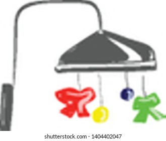 A gray hanging toy for baby with yellow and red ribbons hanging, vector, color drawing or illustration. 