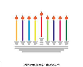 Gray Hanukkah Menorah with Colorful candles on White background