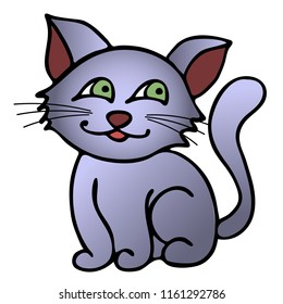 Gray happy cat with green eyes isolated on white background. Vector illustration, flat design.
