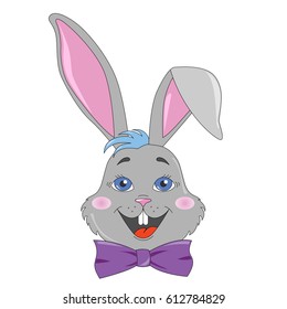 Gray happy Easter rabbit with long ears in a bow tie inside a colorful egg