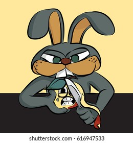 The gray hare cleans the apple. A caricature of vegetarians. Vector Illustration