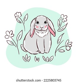 La liebre gris y la flor sobre fondo blanco. Aislado de conejo gris. Un animal lindo. Diseño Hand Drawn para los niños libro, impresión, tarjetas.