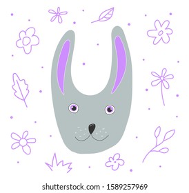 Gray hare, flowers and leafs isolated on white background. Vector stock illustration in Scandinavian style. Cute animals for kids prints and posters.