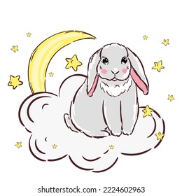 Gray Hare on white cloud with stars and moon. Grey Rabbit print. Cute kids animal. Hand Drawn design for kids book, t-shirt, cards.