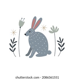 Liebre gris, sentada tranquilamente en flores y hierba, estilo escandinavo aislado de la mano vector clipart